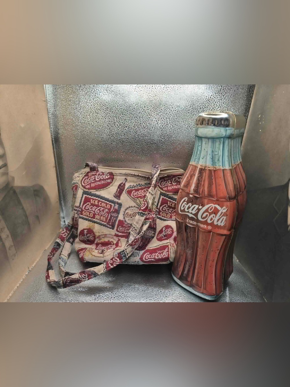 Vintage Coca-Cola Advertisement Lot Tapestry Tote Purse & Retro Coke Bottle Tin